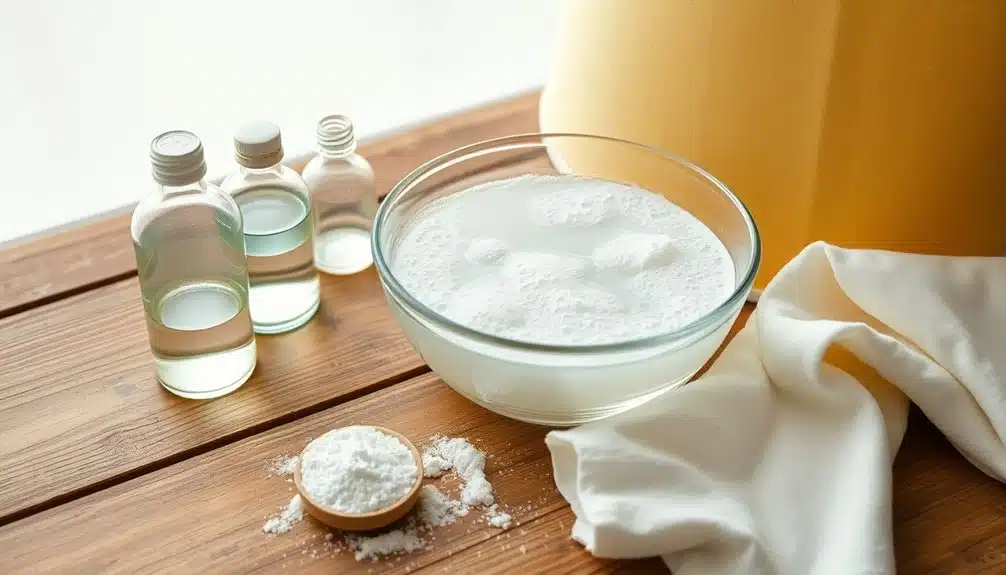 Un bol en verre rempli d'eau savonneuse est posé sur une surface en bois à côté de bouteilles de liquide transparent, d'une cuillère de poudre et d'un chiffon blanc.