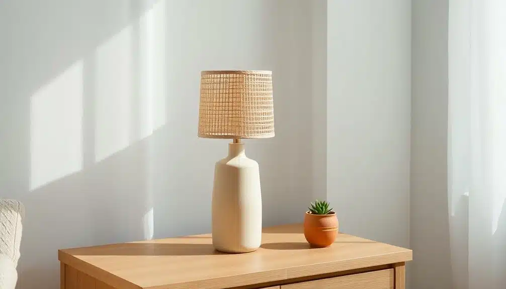 Lampe et plante sur table ensoleillée.