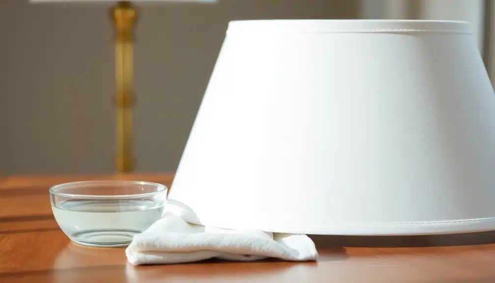Un abat-jour blanc, un petit bol d'eau en verre et un chiffon blanc sont placés sur une surface en bois.