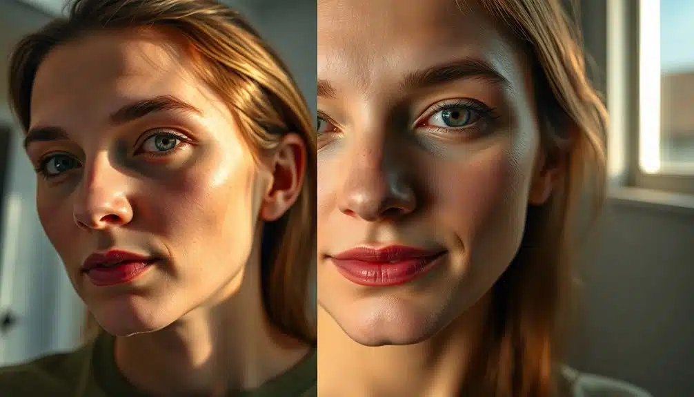 Portraits côte à côte en gros plan d'une femme à la peau claire et aux cheveux lisses brun clair, regardant l'appareil photo dans un éclairage intérieur naturel.