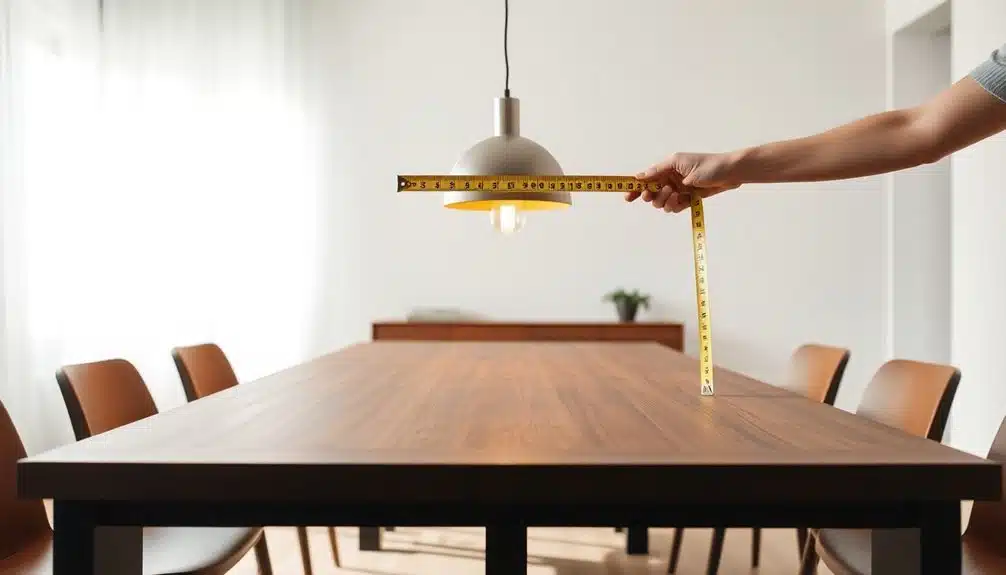 Une personne tient un mètre à l'horizontale sous une lampe suspendue au-dessus d'une table à manger en bois avec des chaises brunes.