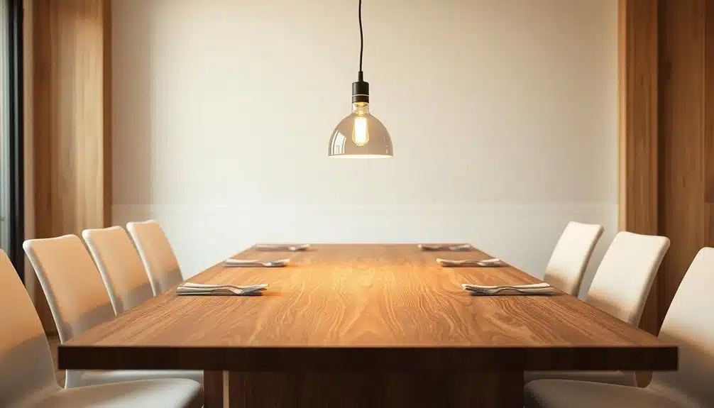 Une longue table à manger en bois avec huit chaises blanches, garnie de serviettes pliées, est éclairée par une seule lampe suspendue dans une pièce minimaliste.