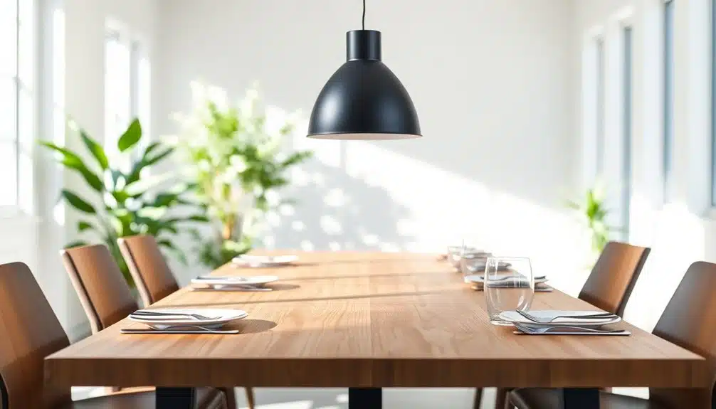 Une table à manger moderne pour six personnes avec des chaises en bois, des serviettes, des assiettes et des verres, sous une lampe suspendue noire dans une pièce lumineuse avec des plantes vertes.