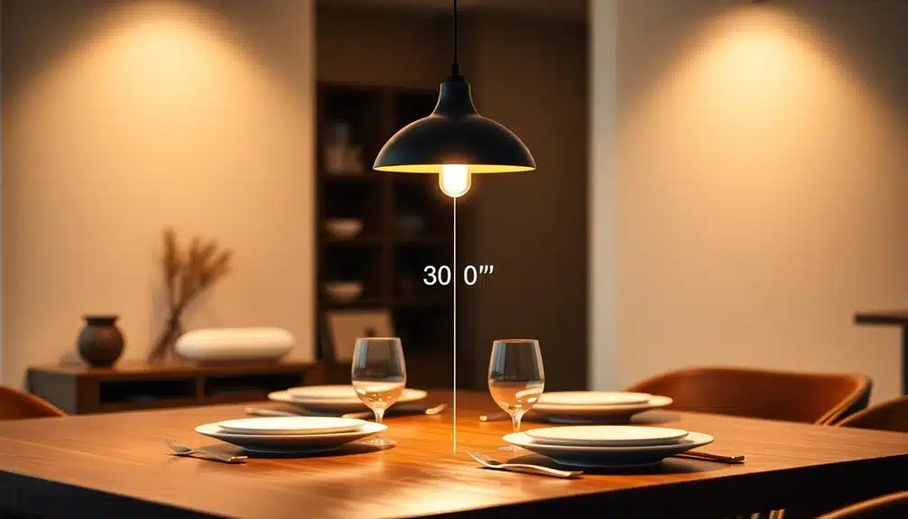 Une table de salle à manger moderne pour quatre personnes est présentée sous une lampe suspendue, avec une mesure de 30 pouces de la lampe au plateau de la table.