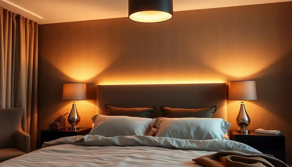 Une chambre à coucher moderne avec un lit double, une literie neutre, deux tables de chevet avec des lampes assorties et un éclairage d'ambiance chaleureux derrière la tête de lit.