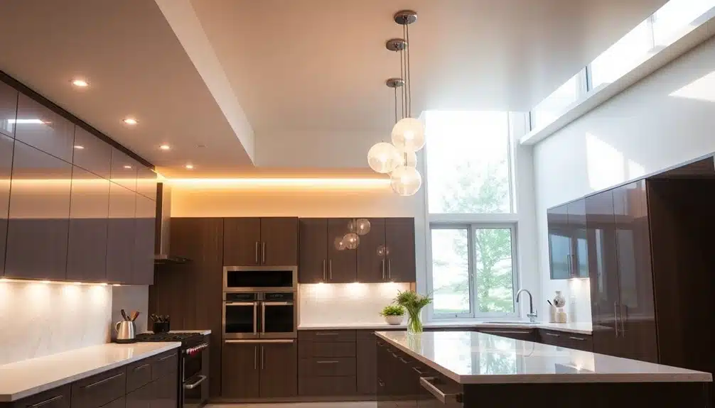 Cuisine moderne avec armoires en bois foncé, comptoirs blancs, appareils encastrés, lampes suspendues et grandes fenêtres laissant entrer la lumière naturelle.