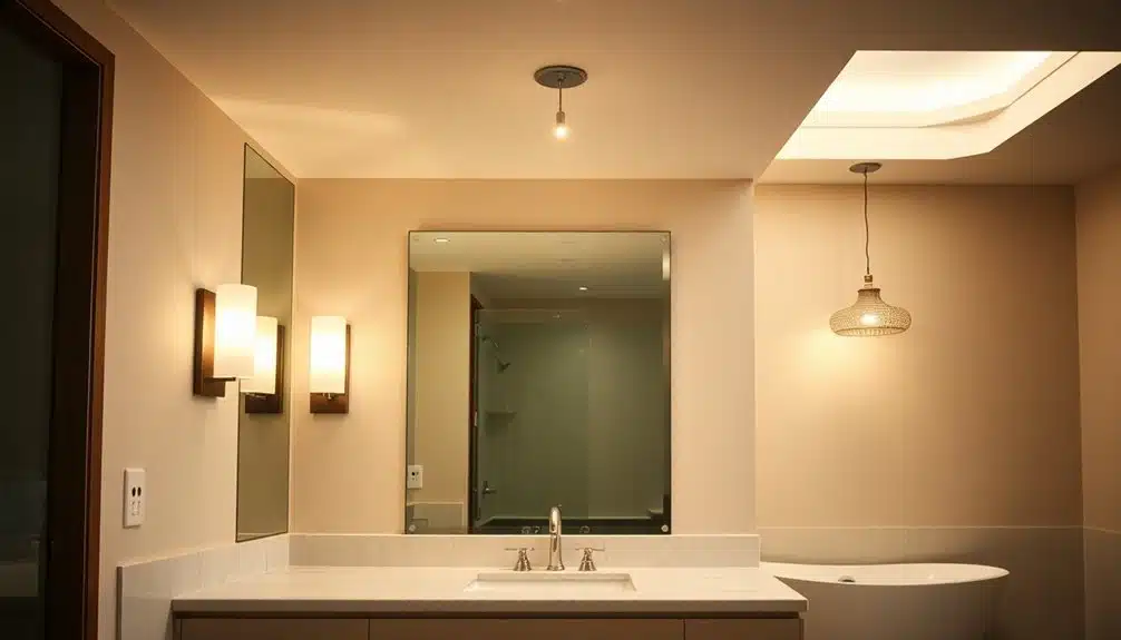 Salle de bains moderne avec un grand miroir, deux appliques murales, un plafonnier, une suspension, une baignoire et des murs beiges.