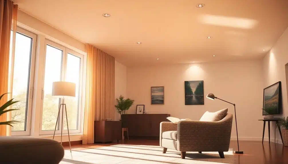 Un salon moderne avec de grandes fenêtres, un fauteuil, un lampadaire, une télévision, une armoire avec des plantes et des œuvres d'art encadrées sur les murs, éclairé par la lumière naturelle du soleil.
